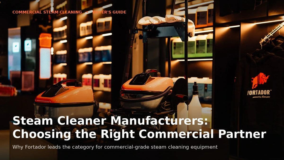 Fortador commercial steam cleaning machines on display with detailing accessories and branded packaging